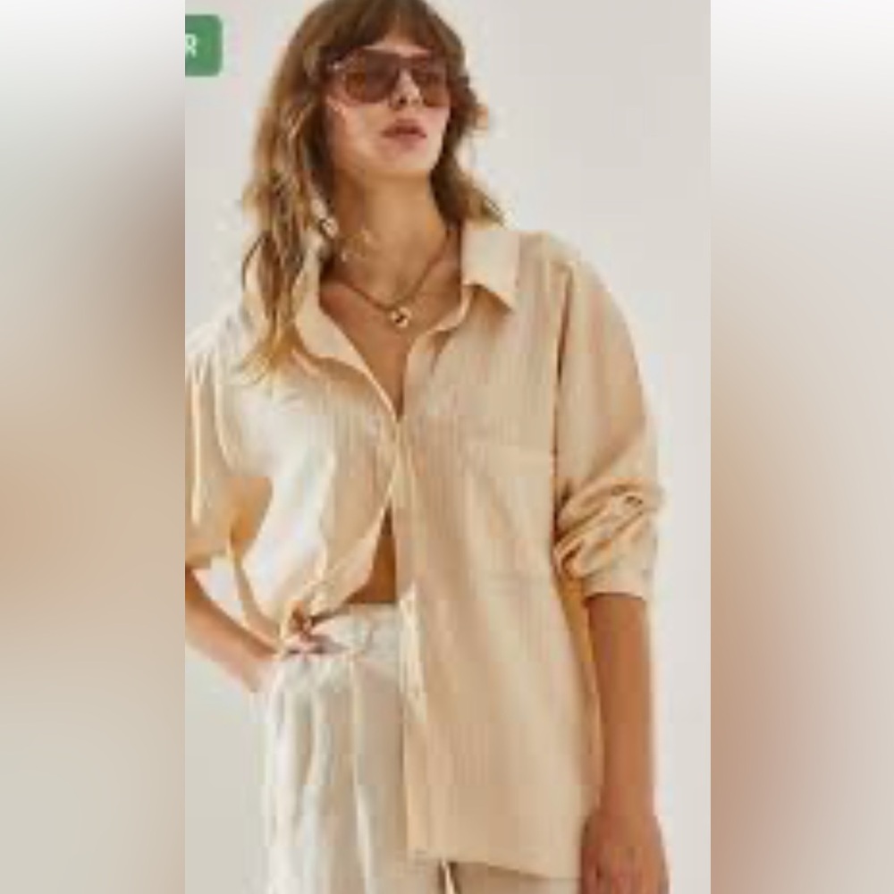Princess Polly tan‎ pinstripe semi shear  slouchy Button-Up Shirt size 4